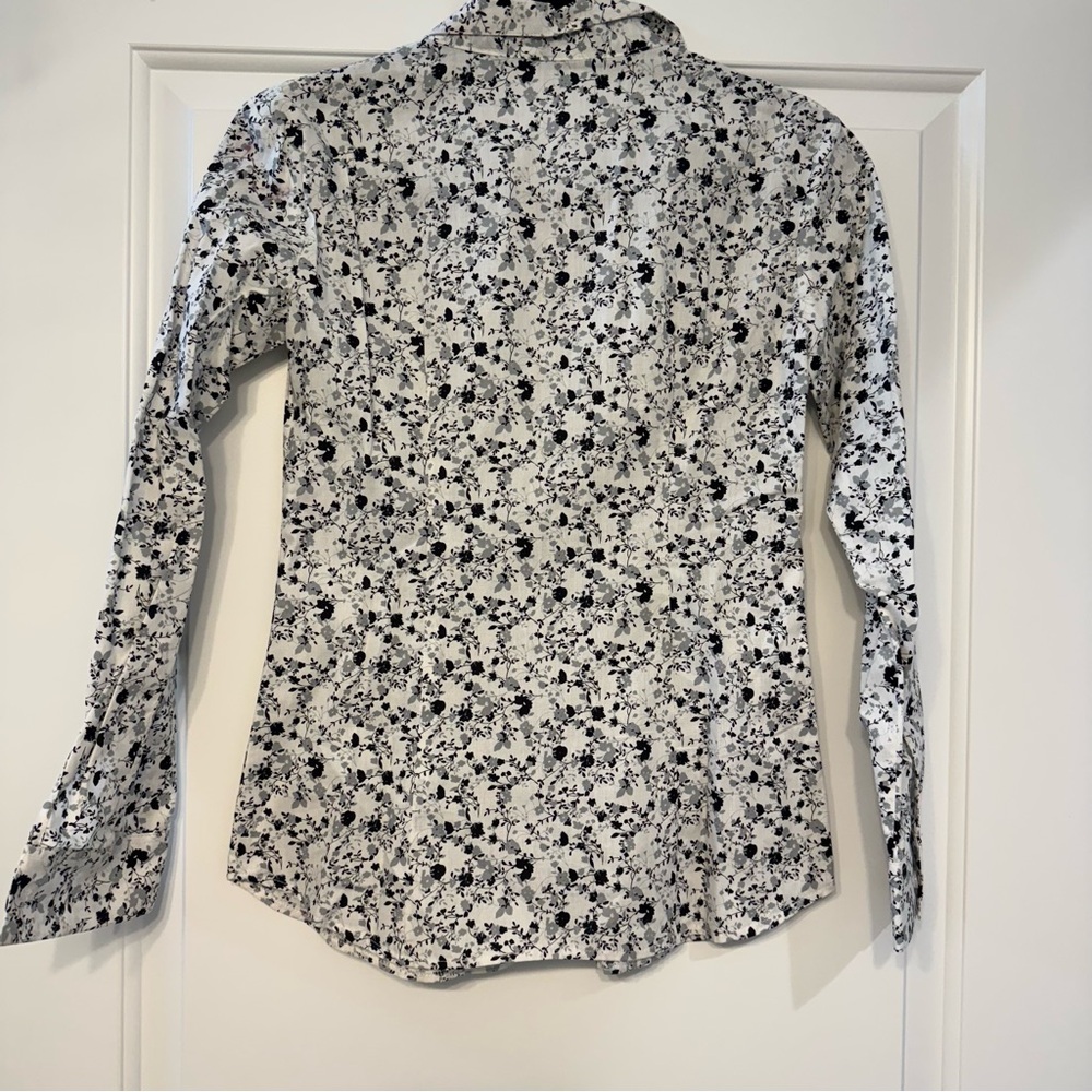 Floral Black, White and Grey Women's Tailored Button Up Blouse - Picture 3 of 5